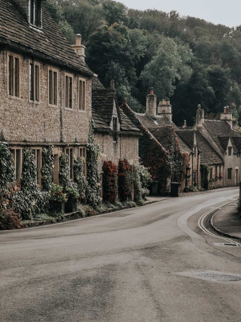 A charming village in the Cotswolds with a row of homes covered in ivy leaves and trees in the distance.