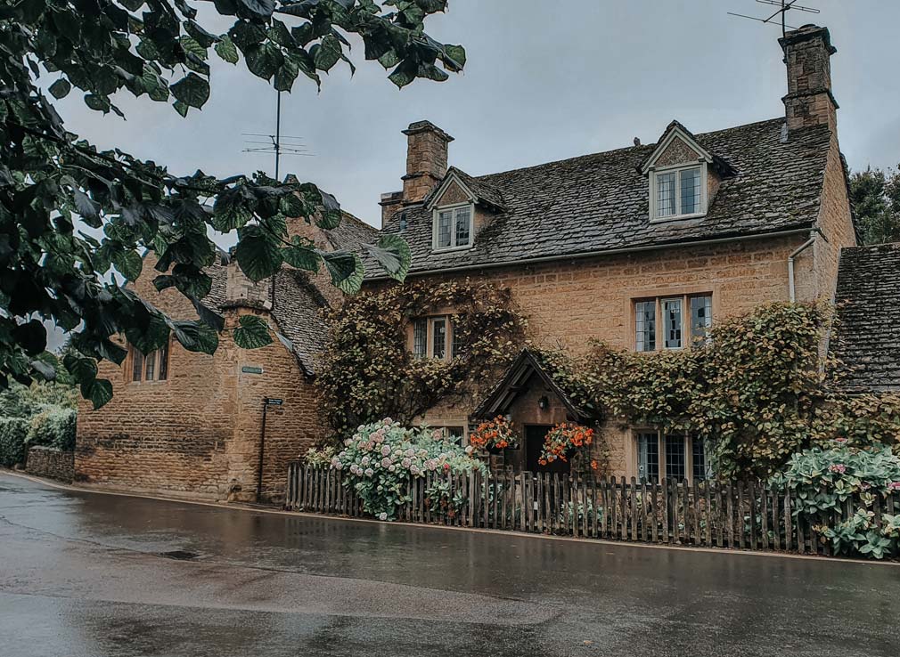 A charming home covered in leaves with rose bushes outside and a wooden fence.