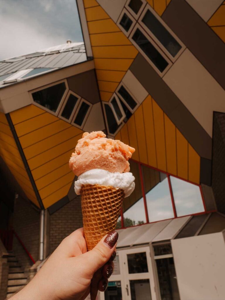enjoying-an-ice-cream-with-views-of-the-cube-houses-in-rotterdam