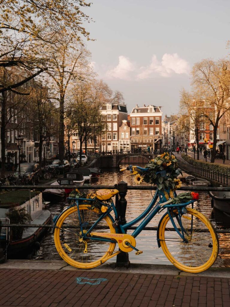 A flower bike in Amsterdam painted in yellow and blue to show support for Ukraine. It's also decorated with sunflowers. 

In the background, you can see traidtional Dutch buildings and a canal. 