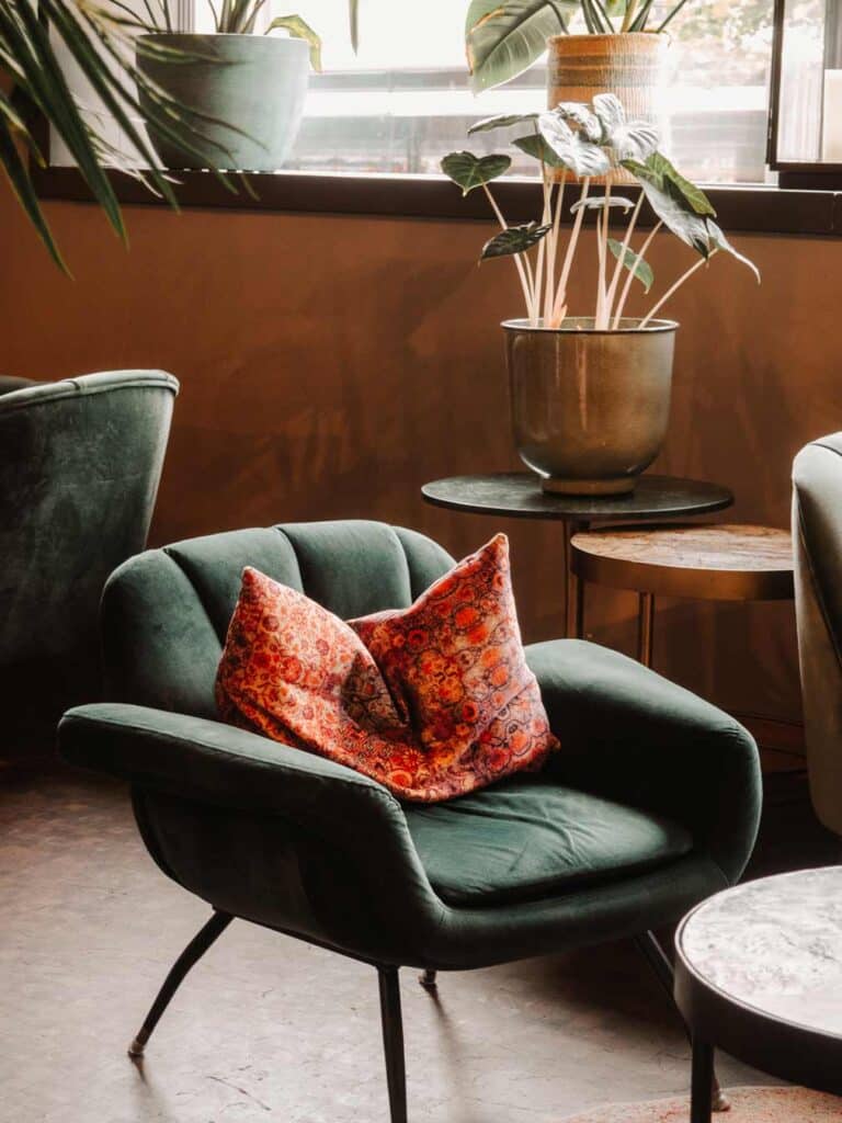 A beautiful teal velvet chair with a Turkish rug printed cushion in the guests lounge. The lounge is surrounded by plants resting both on tables and the windowsill in the background.