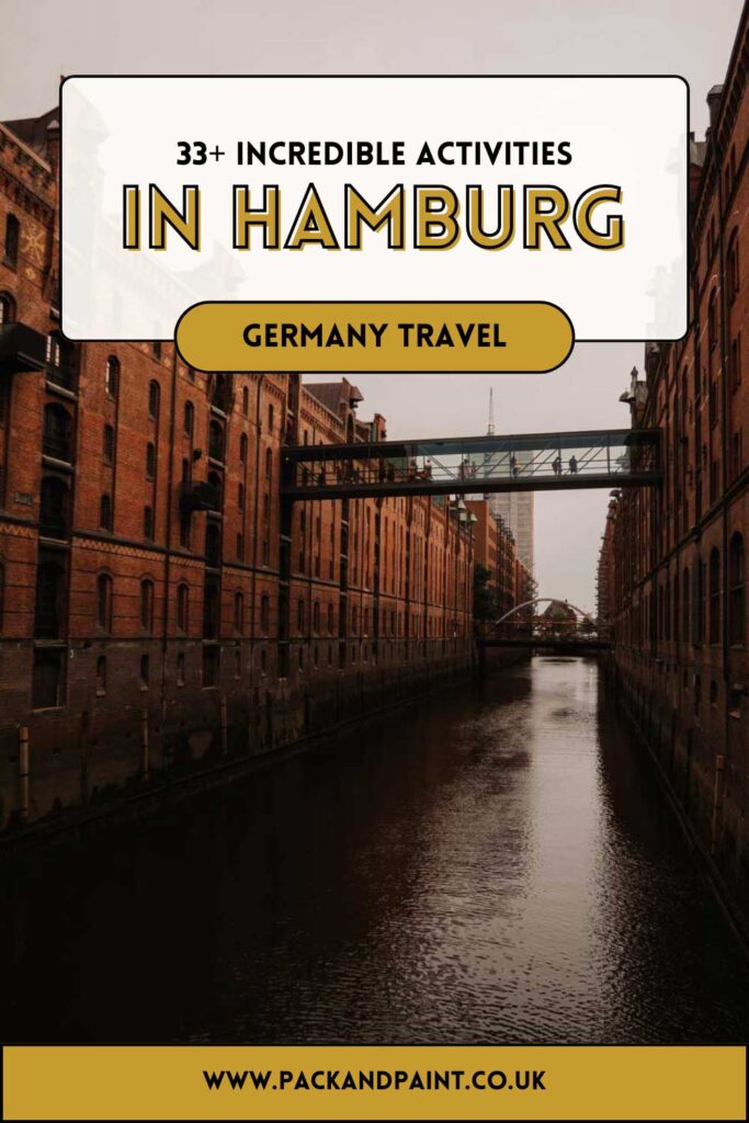 A Pinterest graphic design with a photo of the Speicherstadt neighbourhood in Hamburg. There is a text overlay that says "33+ incredible activities in Hamburg" and "Germany Travel"