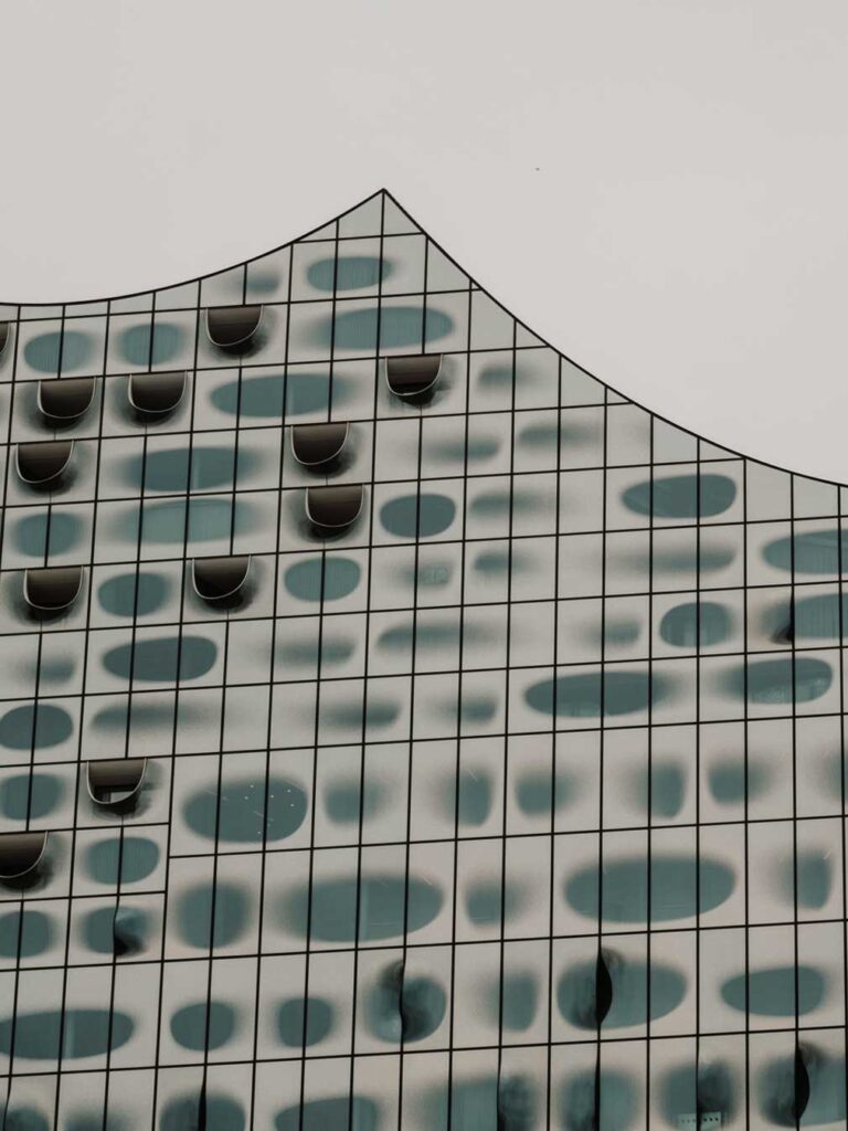A close up image of the Elbphilharmonie on a grey and overcast day.