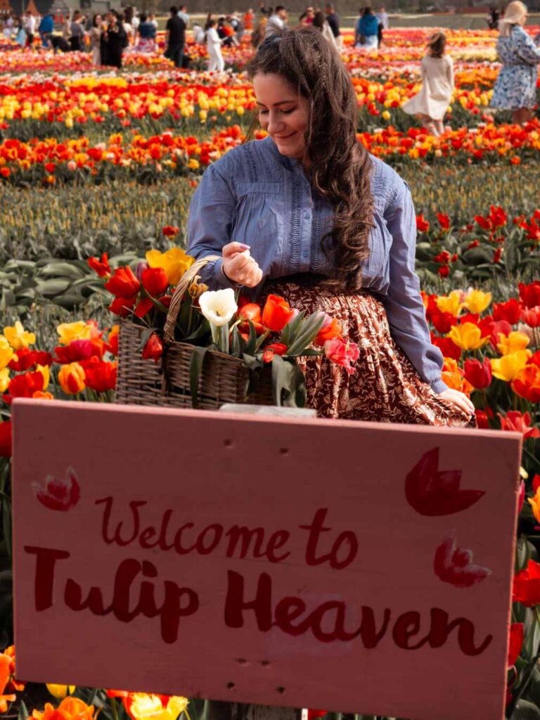 Lauren exploring the fields of the Tulip Experience. She's wearing a red and white patterned maxi skirt, a blue shirt and a blue sequined headband and holding a basket full of flowers. There is a pink and red sign in front of her that says "Welcome to tulip heaven"