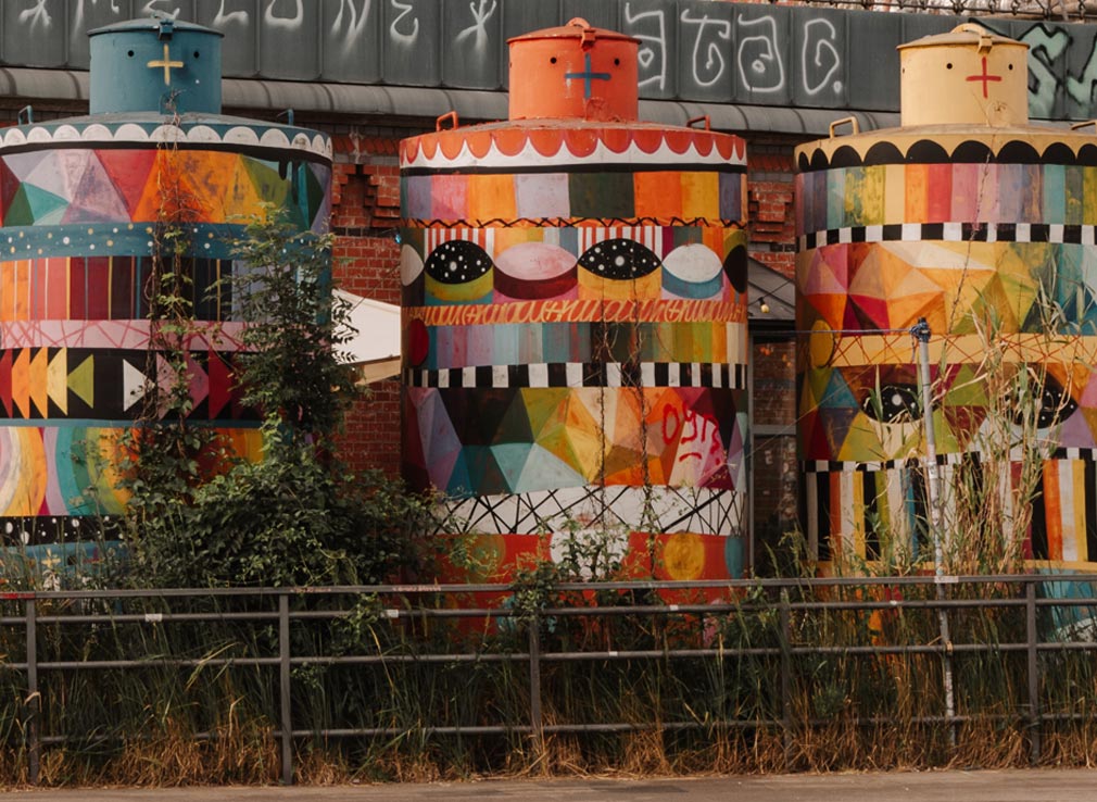 Colourful street art in a variety of bold colours and designs.
