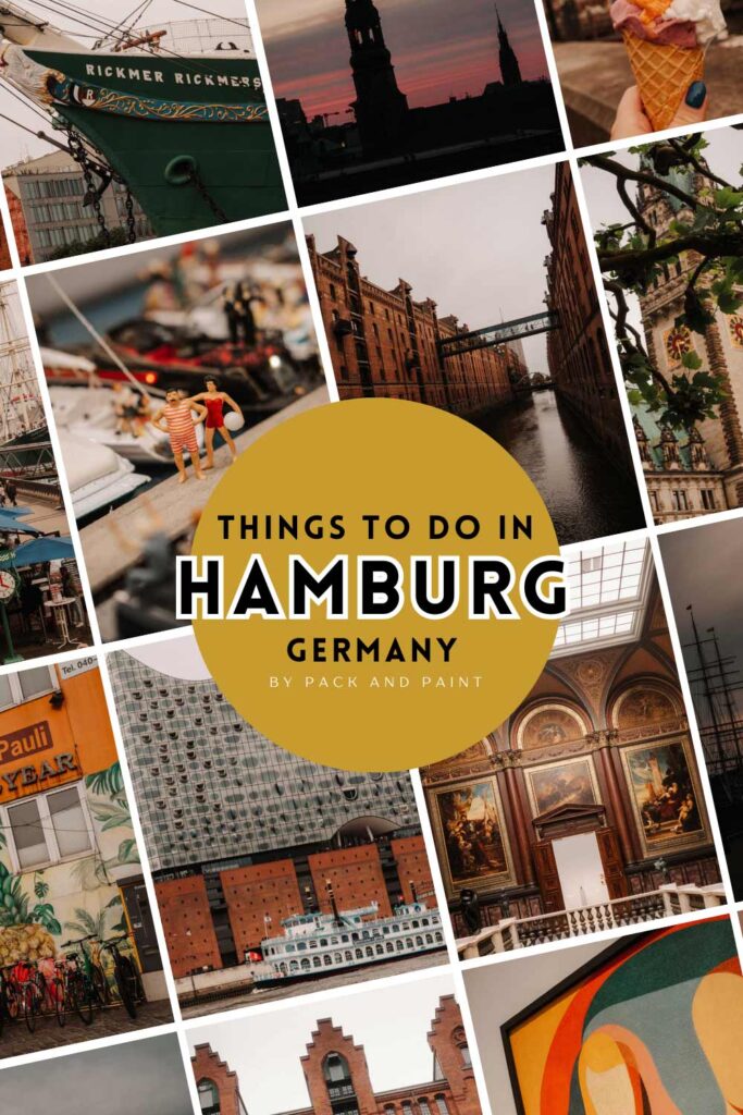 A Pinterest graphic design with a collage of different photos taken in Hamburg. In the middle, there is a yellow circle that says "Things to do in Hamburg, Germany by Pack and Paint"