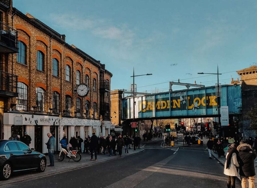 Camden Lock on a sunny day with blue skies.