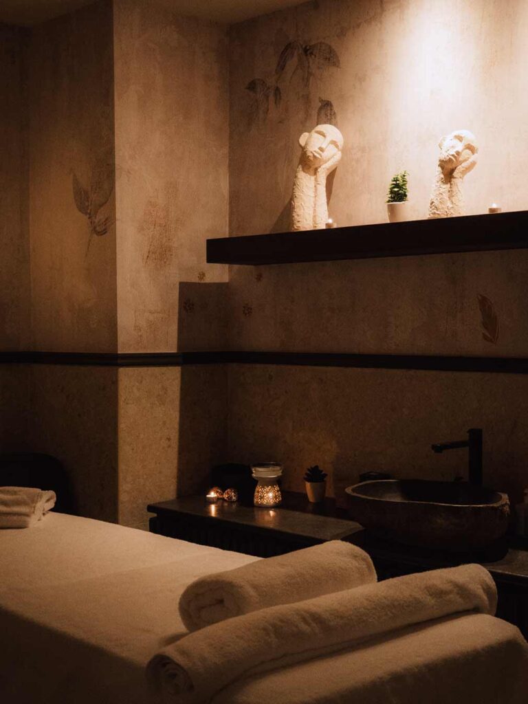 The dimly lit and relaxing Kallos Spa.
