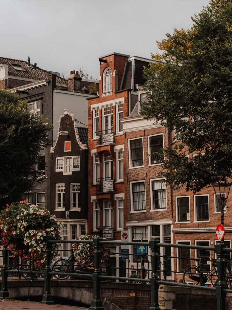 Traditional Dutch buildings and boxes of summer flowers on the streets of Amsterdam.