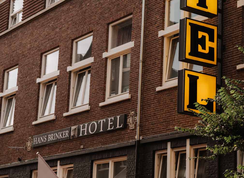 The exterior of Hans Brinker Hostel in Amsterdam.